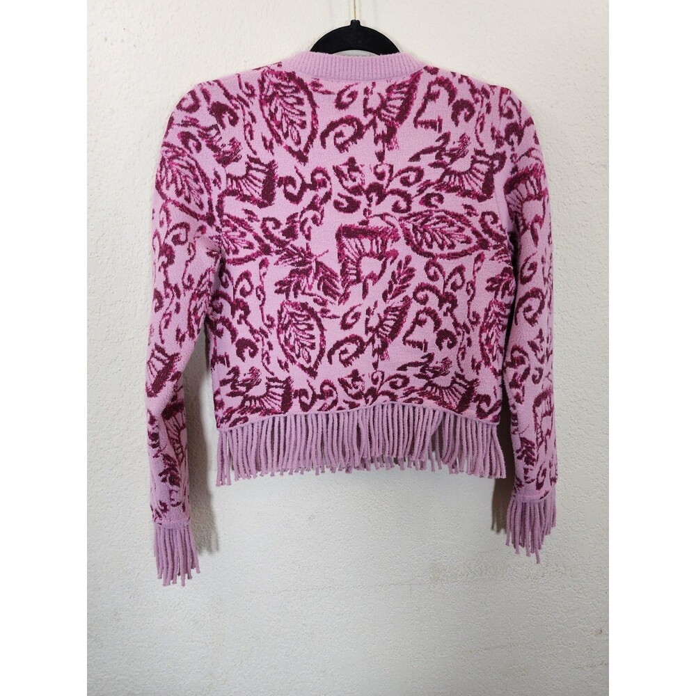 Anthropologie NVLT Womens XS Pink Damask Fringe Knit Button Cardigan Sweater - Picture 2 of 7